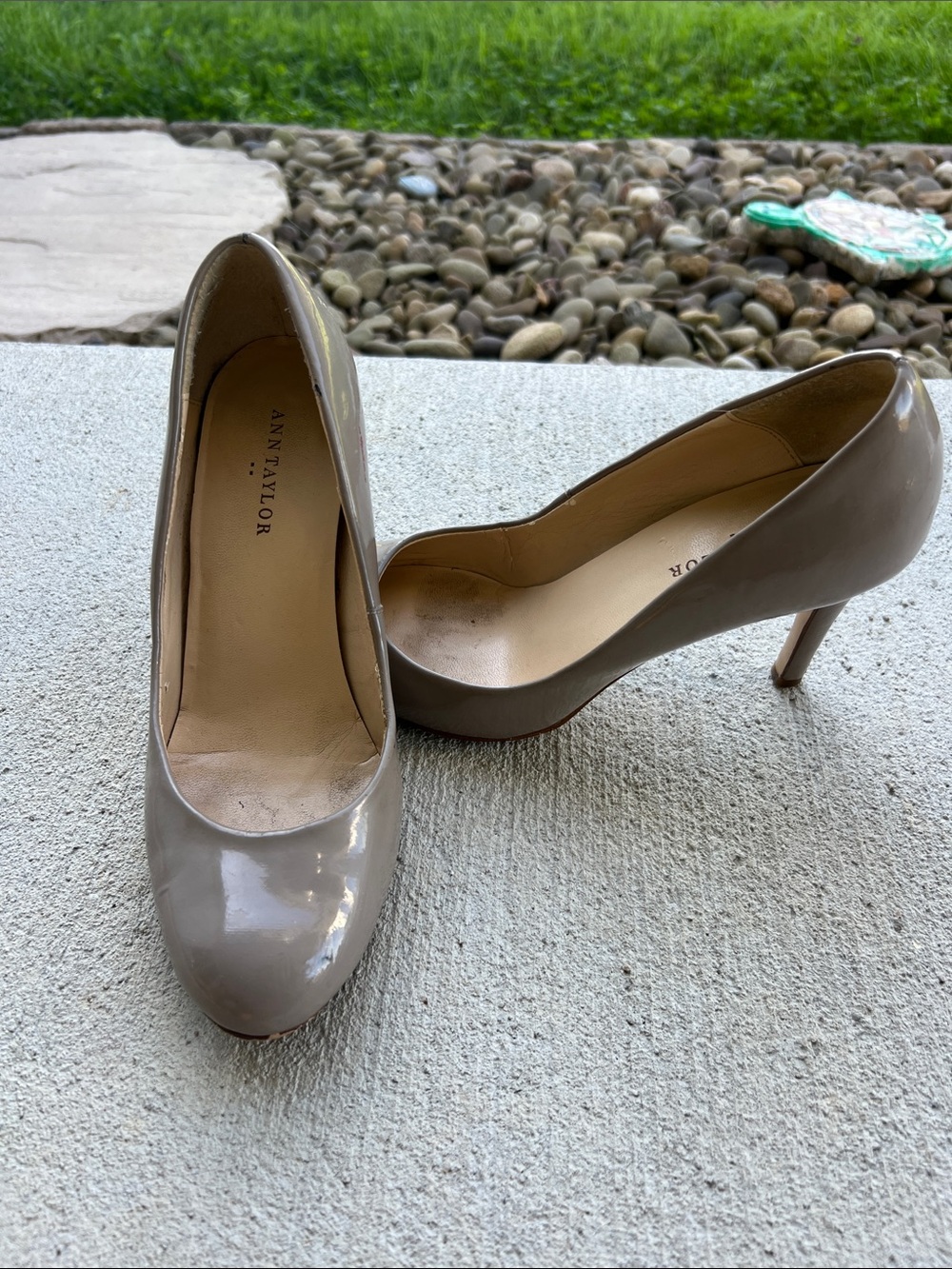 Ann Taylor Taupe Patent Round-Toe Pumps